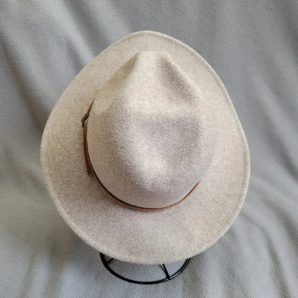 Beige Wool Blend Fedora Hat Thin Strap Classic Style Project Hat Asymetric - Picture 4 of 13